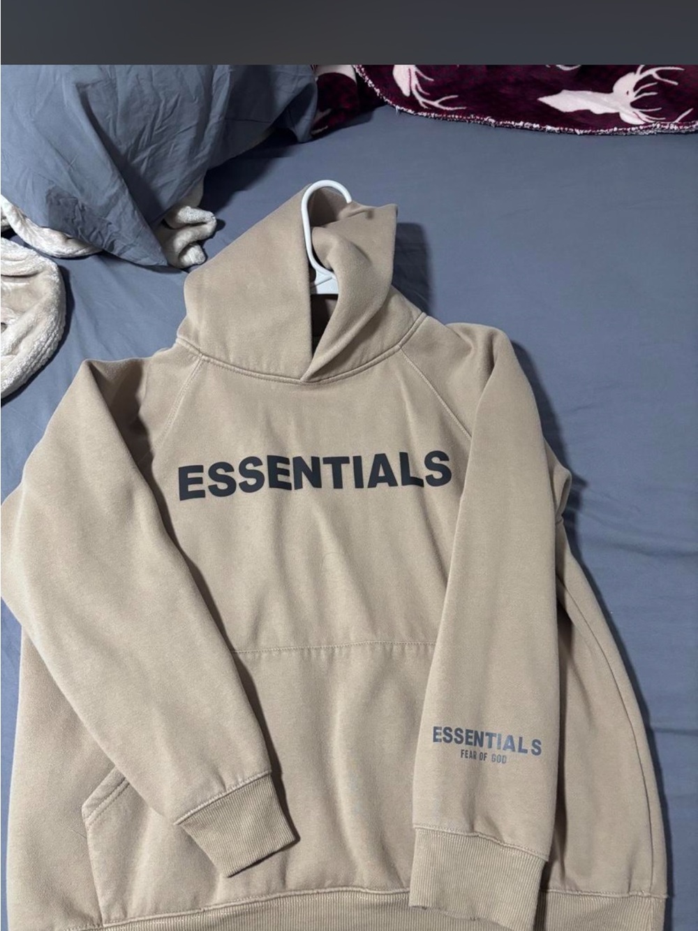 Essentials Tan Crewneck Hoodie with Bold Black Logo